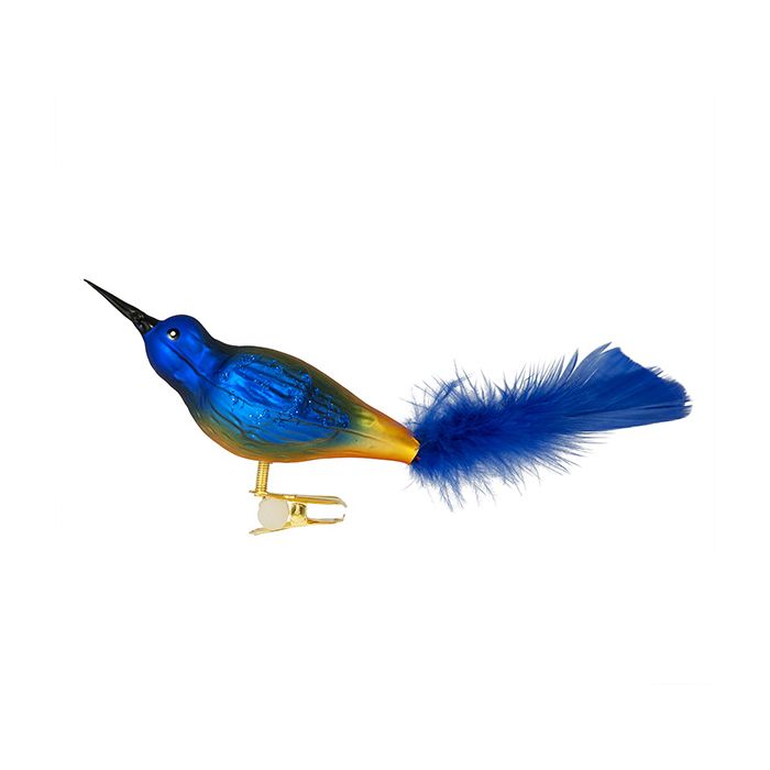 glasfigur mit federn vogel mundgeblasen handbemalt blau gold mit blauer feder gablonzer osterschmuck und weihnachtsschmuck