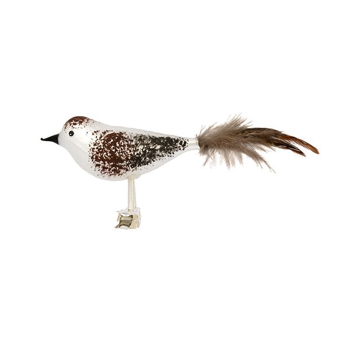 Vogel aus Glas, 14 cm, braun-weiß mit braunen Federn und Clip