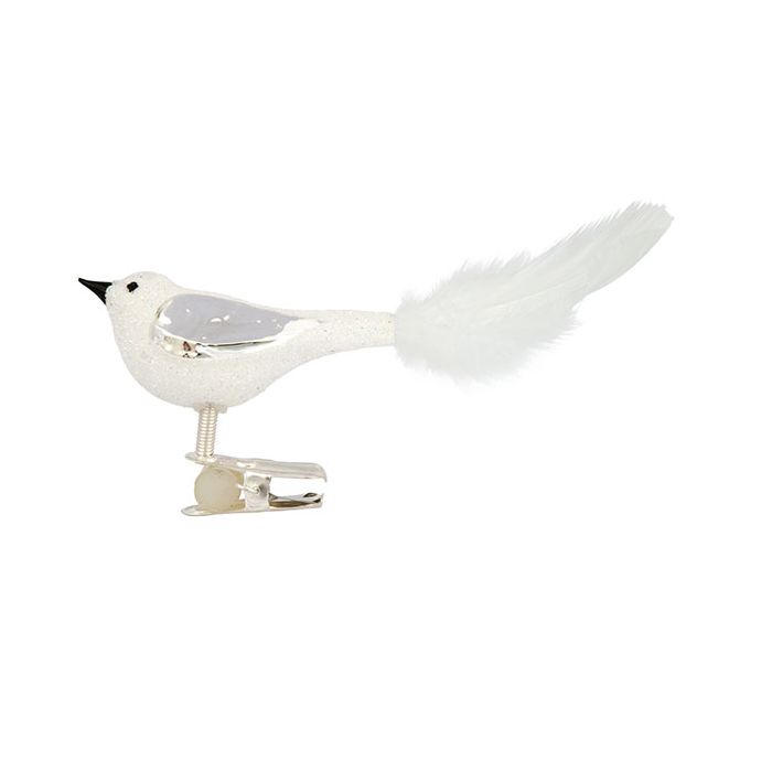 Vogel aus Glas, 11 cm, weiß mit weißen Federn und Clip