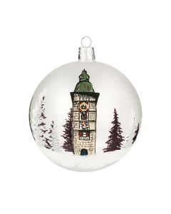 Christbaumkugel aus Glas, 10 cm, bemalt mit Ennser Stadtturm