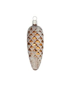 Zapfen aus Glas, Tannenzapfen mit Glitzer, braun-weiß, 10 cm