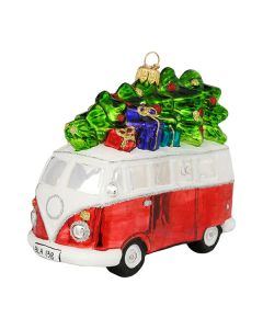 Glasfigur, VW-Bus mit Baum,  13 cm, rot
