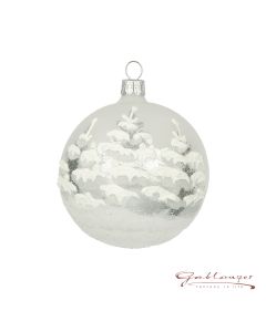 Christbaumkugel aus Glas, 8 cm, verschneite Bäume, transparent