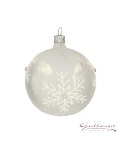 Christbaumkugel aus Glas,  8 cm, transparent, weiße Schneeflocke