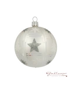 Christbaumkugel aus Glas, 8 cm, silber-weiß, kleine Sterne und Bäume