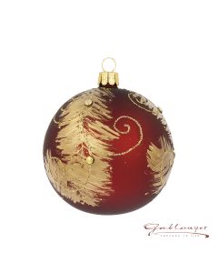 Christbaumkugel aus Glas, 8 cm, weinrot, goldenes Blattmuster