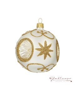 Christbaumkugel aus Glas, 8cm, weißgold mit Stich, Sterne und Linien