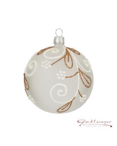 Christbaumkugel aus Glas, 8 cm, transparent mit weiß-goldenen Ornamenten