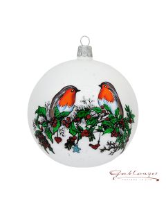 Christbaumkugel aus Glas, 10 cm, weiß mit Vogelpärchen auf Zweig