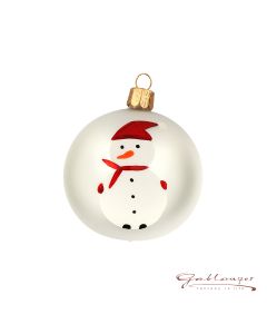 Christbaumkugel aus Glas, 7 cm, weiß, Schneemann mit Zipfelmütze