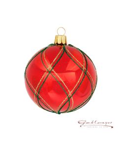 Christbaumkugel aus Glas, 8 cm, rot mit Glitzerstreifen in gold und grün
