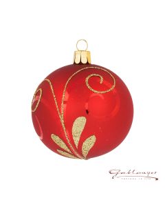 Christbaumkugel aus Glas, 8 cm, rot mit goldene Glitzerspiralen