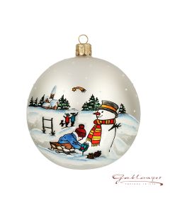Christbaumkugel aus Glas, 10 cm, weiß, Kinder mit Schneemann