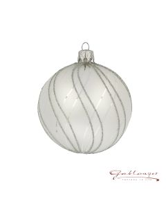 Christbaumkugel aus Glas, 8 cm, matt silber mit Linien