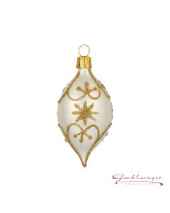 Olive aus Glas, 8 cm, weißgold mit Sterne und Linien