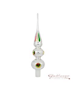 Christbaumspitze aus Glas, 33 cm,  2 Kugeln, silber-bunt mit Reflektoren