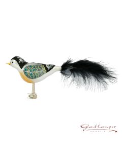 Vogel aus Glas, 18 cm, schwarz-bunt mit buschigem Federschwänzchen