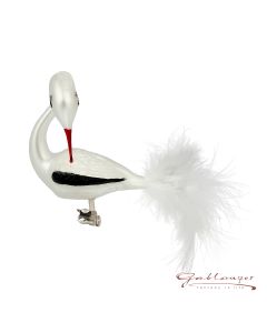 Vogel aus Glas, Storch am Clip mit Federschwanz,  14 cm