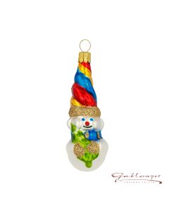 Glasfigur, Schneemann mit Bäumchen und Mütze, 8,5 cm, weiß-bunt
