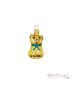 Glasfigur, Miniatur, Schwein mit blauem Band, 4,5 cm