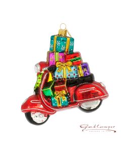 Glasfigur, Vespa mit Geschenken, rot-bunt, 14 cm