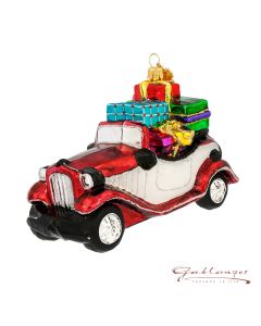 Glasfigur, Oldtimer mit Geschenken, 16 cm, rot-weiß-bunt