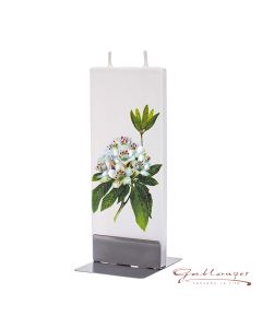 Elegante Flachkerze "weiße Blüten" mit 2 Dochten und Halterung, handgefertigt, tropffrei