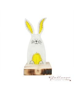 Osterhase mit Holzsockel aus Glas, weiß mit gelb, handgefertigt