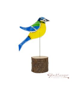 Glasvogel "Blaumeise" auf Holzsockel, handgefertigt