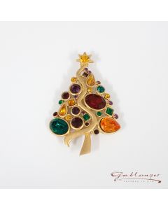 Brosche, Christbaum in Gold mit Glassteinen