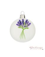 Christbaumkugel aus Glas, 7 cm, weiß mit Lavendelstrauß