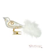 Bird made of glass, 13 cm, white with golden glitter