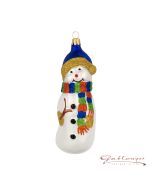 Glasfigur, Schneemann, 14 cm, weiß mit blauer Mütze und Schal
