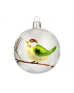 Christbaumkugel aus Glas, 8 cm, weiß mit grün-braunem Vogel