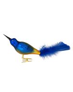 Vogel aus Glas, blau-gold mit blauer Feder, handbemalt, mit Clip