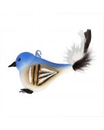Vogel aus Glas, dicker Spatz mit Federn, blau-weiß