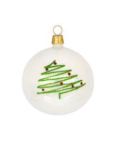 Glass ball, 7 cm, white with green tree