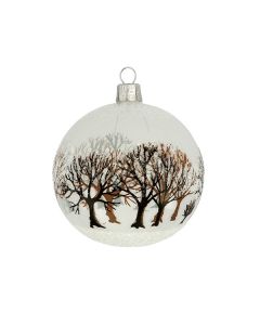 Christbaumkugel aus Glas, 8 cm, transparent mit braun-schwarzen Bäumen