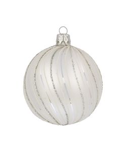 Christbaumkugel aus Glas, 8 cm, silber mit Glitzerstreifen
