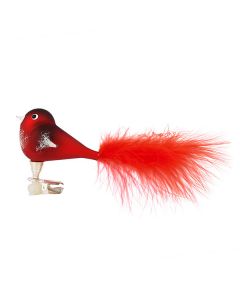 Vogel aus Glas, 14 cm, dick, rot mit Federn und Clip