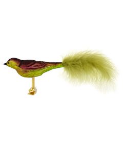 Vogel aus Glas, 18 cm, grün-braun mit Federn