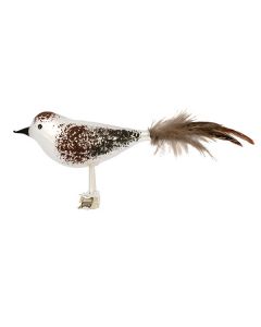 Vogel aus Glas, 14 cm, braun-weiß mit braunen Federn und Clip