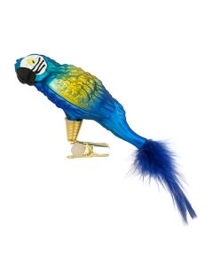 Vogel aus Glas, Papagei, 14 cm, blau-gelb mit blauer Feder und Ciip