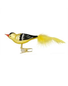 Glasfigur mit Feder Vogel Stieglitz handbemalt gelb-schwarz mit gelber Feder mit Clip Gablonzer Osterschmuck