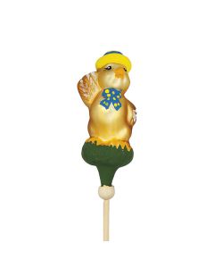 Glasfigur, handbemalt, Ente mit gelbem Hut, auf Holzstab