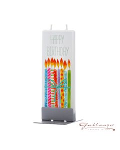 Elegante Flachkerze "Happy Birthday" mit 2 Dochten und Halterung, handgefertigt, tropffrei