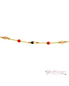 Chain made of glass beads and acorns, 95 cm, red-green-gold