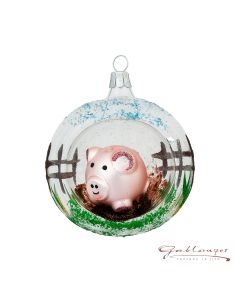 Christbaumkugel aus Glas,  8 cm, transparent mit Schweinchen