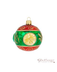 Christbaumkugel aus Glas, 7 cm, rot-grün mit Stich