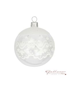 Christbaumkugel aus Glas,  7 cm, transparent klar mit weißen Ornamenten